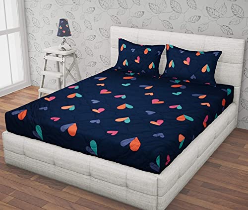 Image of Glace Cotton Printed King /Double Bedsheet | Elastic Fitted Bedsheet with 2 Pillow Covers, 78x72x Upto 6 Inches, Double Heart Pattern Chadar