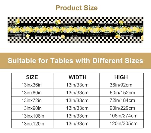 Image of Lemon Table Runner,Italian Vintage Style Black and White Checkered Table Decor with Yellow Lemons and Blossoms - Rustic Kitchen Dining Tabletop Decoration 13x60 Inch