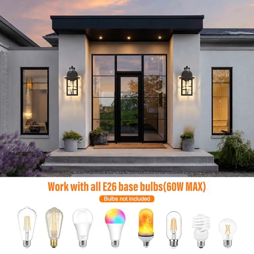 Image of OKELI Outdoor Wall Lights with Motion Sensor, Exterior Waterproof Lantern, Front Porch Sconce Lighting with Water Ripple Glass Shade, Anti-Rust Wall Lamps Outside Lights for Garage (Black-2pack)