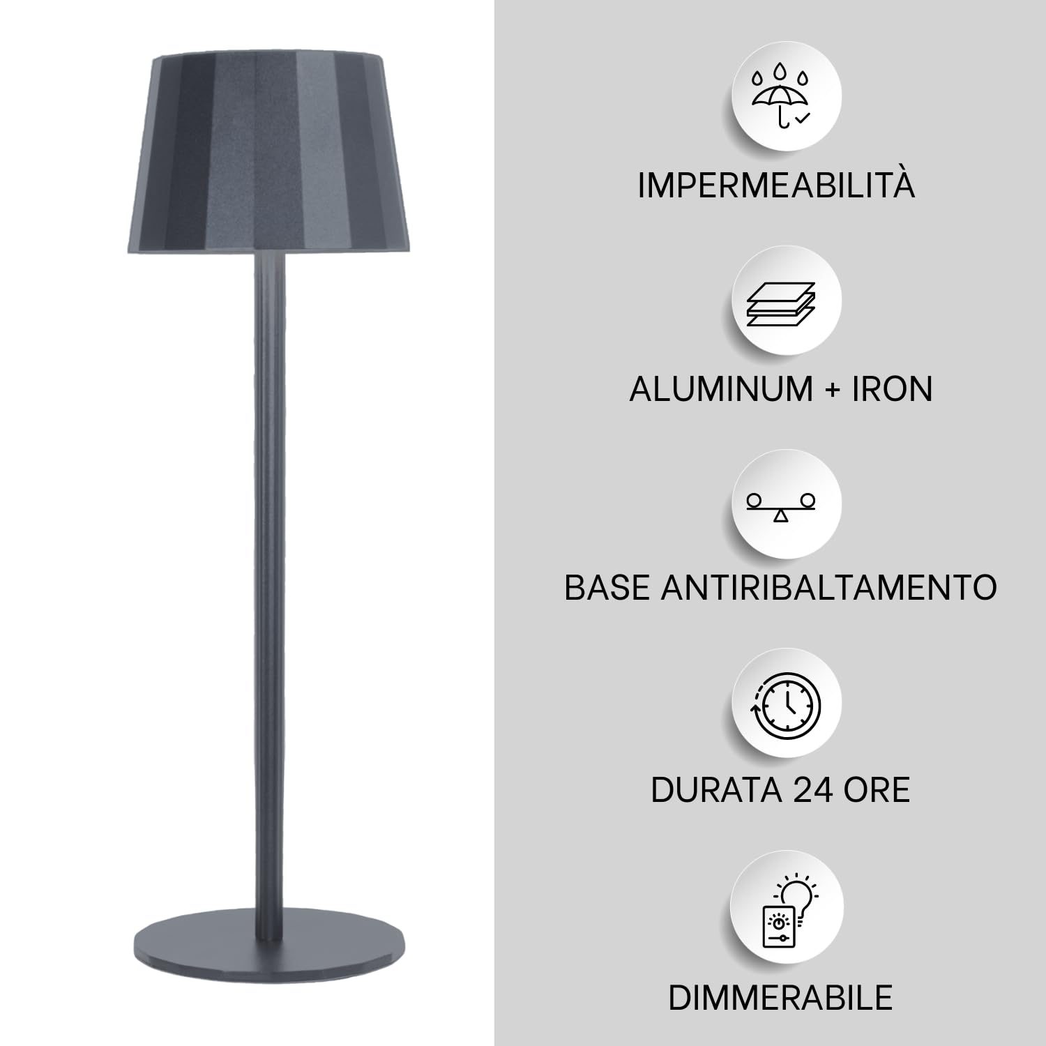 Classic Lampada da Tavolo Design Senza Fili Impermeabile IP54 in Alluminio Autonomia 23 Ore, Lampada Dimmerabile Led Senza Fili Ricaricabile con Touch Control, 5200 mAh (Antracite)