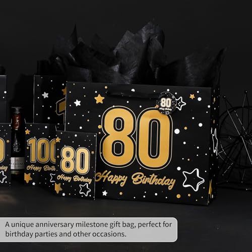 Image of Powbrace 13 inch Black 80th Birthday Gift Bag with Tissue Paper and Greeting Card for Party,Happy Birthday Gift Bag for Men Women,Gift Bags Medium size(1 Black 80th)