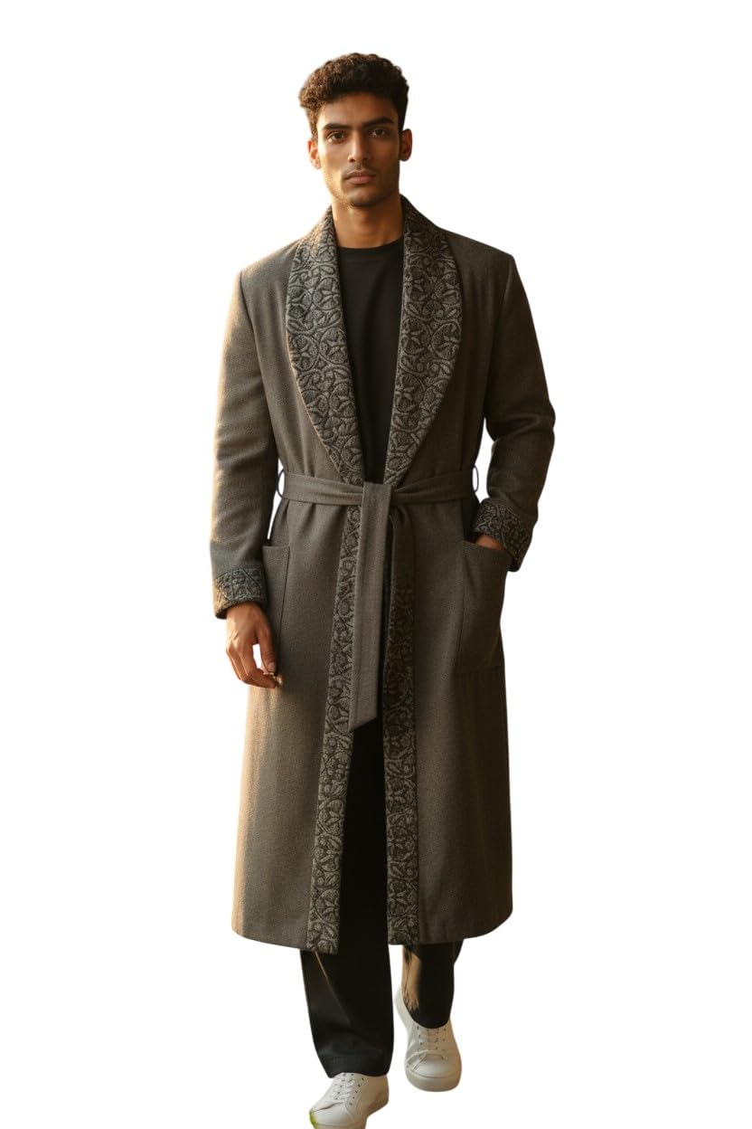 Men Woolen Nightgown Dressing Gown Sleep And Lounge Wear With Kashmiri Charming Embroidery Free Size (1, Blue-9)