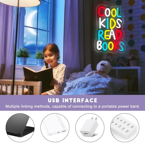 Image of Cool Kids Read Books Neon Sign Reading Books LED Neon Lights Library Neon Light Sign for Kids Room Library Classroom Read Corner Decoration Book Lovers Gift