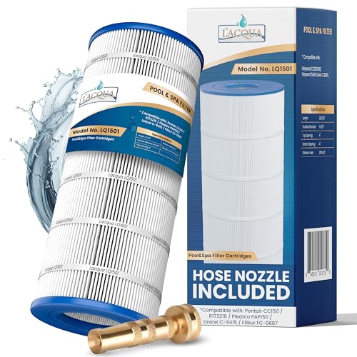 LACQUA Pool Filter Cartridge LQ1501 150 SqF Replaces Pentair Clean & Clear 150, CC150, CCRP150, Posi Clear PXCRP150, R173216, PAP150, PP-C4-M, C4-M, Unicel C-9415, FC-0687, Hose Nozzle Included