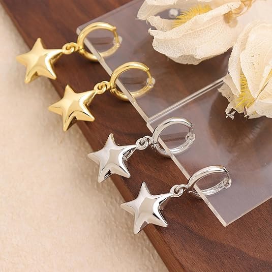 Jean Beau Hoop Huggie Charm Gold Silver Sun Star Earrings for Women, Trendy Puffy Drop Earring Prom Fashion Accessories Jewelry Gift - Image 6