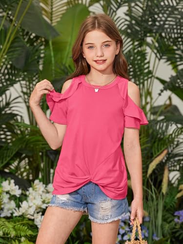 Image of BesserBay Girls Cold Shoulder Tops Twist Front Tunic Ruffle Sleeve Summer Blouses 5-14 Years