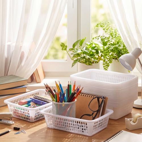 Hushee 50 Pack Classroom Storage Baskets Bulk Small Plastic Baskets for Organizing 9 x 6 x 2.5 Inch Stackable Desktop Plastic Organizer Tray for School Office Drawer Home Closets Shelves(White) - Image 6
