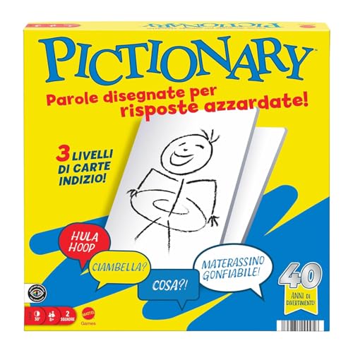 Mattel Games   Pictionary, juego de mesa icónico para toda la familia, 2 equipos con agujas italianas, marcadores borrables, pizarras y reloj de arena, juguete para niños, 8+ años, JDY01