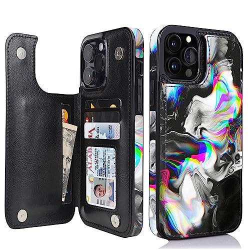 Image of uCOLOR Compatible with iPhone 13 Pro Max 6.7 inch Wallet Case with Card Holder Slot Folio Flip PU Leather Kickstand Double Magnetic Clasp and RFID Blocking D (Black Rainbow Marble, iPhone 13 Pro Max 6.7 inch)