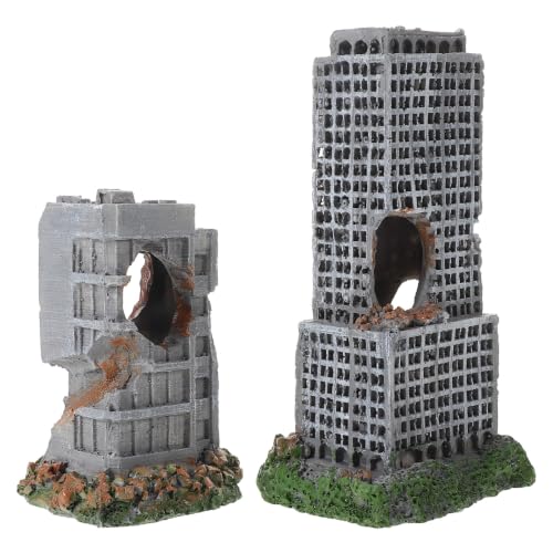 HEMOTON 2 Pièces Décor D'aquarium en Résine Réaliste Ruines de Château et Bâtiments Urbains pour Aquarium, Cachette pour Poissons et Plantes, Style Antique Rustique