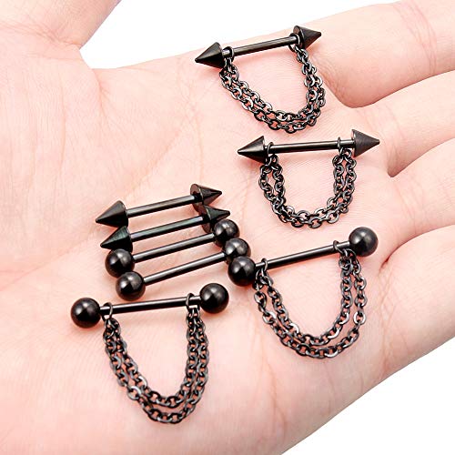 Dyknasz 316L Surgical Steel Chain Dangle Nipple Shield Rings Nipplering Barbell Piercing Jewelry For Women Men 14G 4 Pairs Externally Threaded Ball Spike Black #TOP6