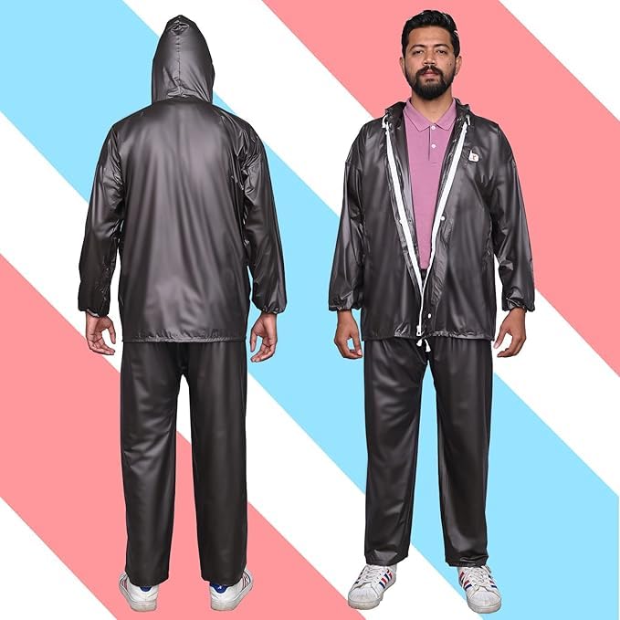 Image of HACER Wood Raincoat Set with Drawstring Hem Adjustable Hood & Pants Rain Gear Wet Weather Protection Rainsuit with Carrying Pouch
