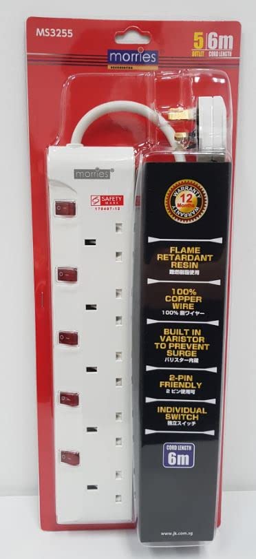 Morries MS-3255-6M 5-Way Extension Cord with Surge Protector 6m