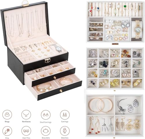 Image of Jewelry Box For Women Girl Wife 3 Layers Large Pu Leather Jewelry Organizer Storage Case With Two Drawers Display For Earrings Bracelets Rings Watches Design Jewelry Box, Jewelry Organizer (Black)