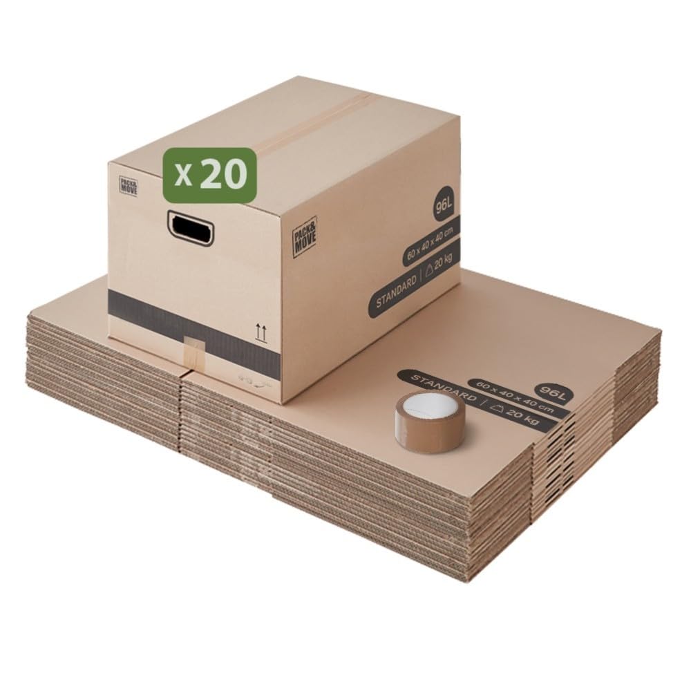 Pack and Move - Lot 20 cartons déménagement L larges - 40 x 60 x 40 cm - Poignées renforcées - 1 adhésif offert