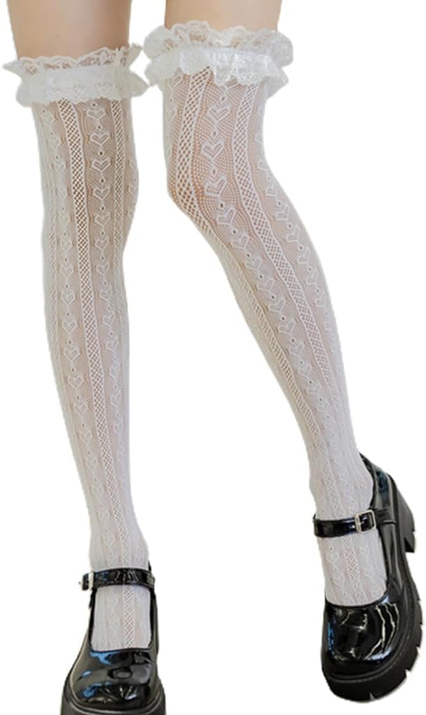 Fishnet Thigh High Socks Heart Striped Lace Ruffled Over Knee Stockings: Colorless
