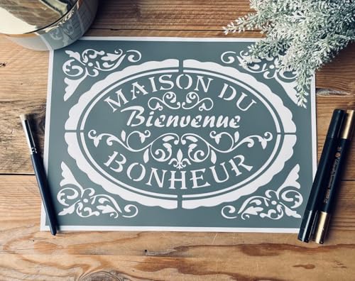 Pochoir Adhésif Maison du Bonheur Vintage 30x20 cm – Pochoir PVC Réutilisable Repositionnable – Décoration Murale, Meuble Bois, DIY Peinture Acrylique...