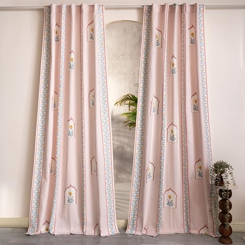 Image of Tranquebar Curtain Co. Window Curtains 5 Feet, 60-65% Room Darkening,Multi Peach Mughal Print, Cotton Curtains for Window, Cotton Curtains 5 Feet Long Set of 2, BackTab Loops,Noor (152 cm) - Set of 2