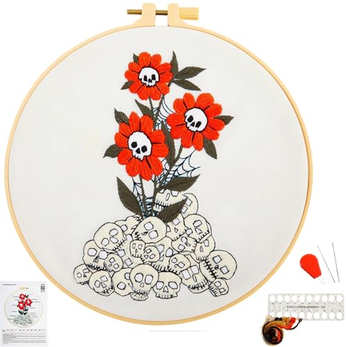 Image of Crafmanoe Halloween Embroidery Starter Kit for Beginners Adults, Skull Flowers Stamped Cross Stitch Kits for Beginners Adults, Gothic Hand Embroidery Needlepoint Kits, Hoops, Fabric and Video Tutorial
