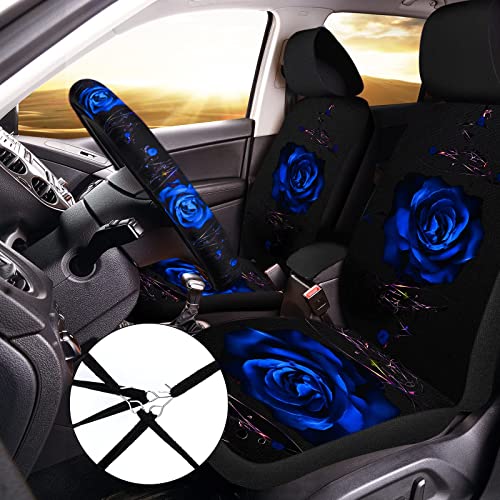 15 Pcs Rose Art Flower Car Seat Covers Full Set For Women Rubber Steering Wheel Cover Armrest Cover Seatbelt Covers Polyester Fabric Front Seat Rear Backrest Cover Bottom Cover Universal (Blue) #TOP1