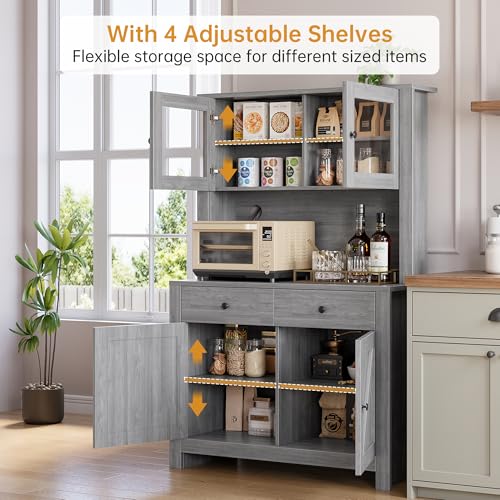 GarveeHome Farmhouse Pantry Cabinet, Kitchen Pantry Storage Cabinet with Microwave Stand, Rustic Buffet Sideboard with Sliding Door, Freestanding Cupboard with Shelves for Dining Room, Dark Grey