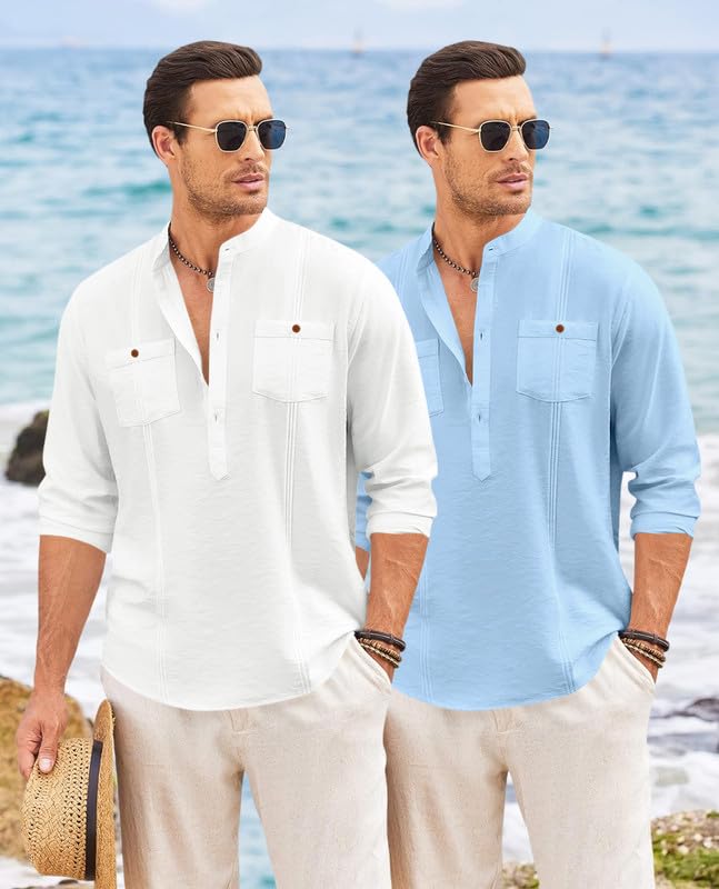 Image of Macsivo Combo of Men's Regular Fit Cotton Blend Solid Casual Short Kurta with Mandarin Collar and Pockets Kurta Pack of 2
