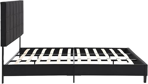 Miniatura 6 de Base de cama tapizada tamaño King con cabecera de tela de lino, no requiere somier, soporte de listones de madera, fácil montaje, color negro