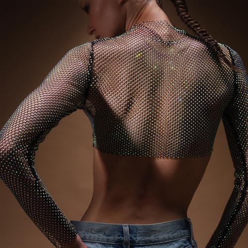 Lorelei II Women's Rhinestone Sheer Mesh Crop Top Long Sleeve Slim Fit Party Clubwear3