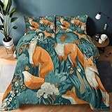 Fantasy Füchse Wald Bettdecke 135 x 200 cm - Warme Wende Steppdecke Ohne Bezug, Weiche Mikrofaser Bettdecke Waschbar, 4 Jahreszeiten Decke für Kinder & Erwachsene Grün