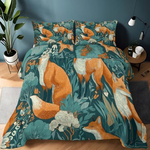 Fantasy Füchse Wald Bettdecke 135 x 200 cm - Warme Wende Steppdecke Ohne Bezug, Weiche Mikrofaser Bettdecke Waschbar, 4 Jahreszeiten Decke für Kinder & Erwachsene Grün