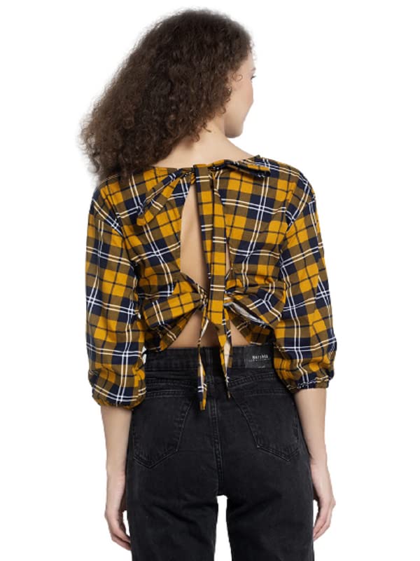 ELEVANTO Women’s Latest Round Neck Stylish Ballom Sleeve Back Tie Backless Crop Top Bardot Blouse/Tops for Summer/Basis Tshirt