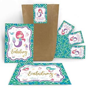 Junaversum Lot de 12 cartons d’invitation pour anniversaire d’enfant Motif sirène Avec 12 enveloppes, 12 sachets et 12…