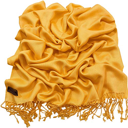CJ Apparel Amber Yellow Solid Yellow Gold Color Tassels Design Nepalese Shawl Scarf Wrap Stole Throw Head Wrap Pashmina Hand Made in Nepal New