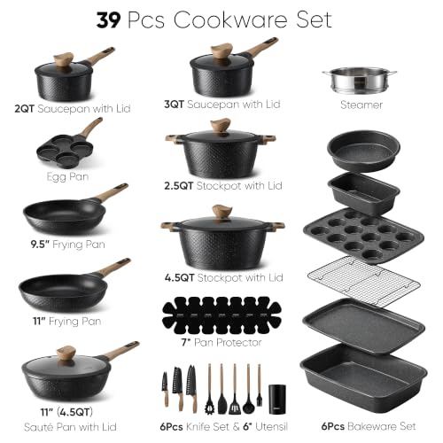 Image of CAROTE 39PCS Pots and Pans Set Non Stick, Cookware Set Pots and Pans Induction Cook Ware, Nonstick Kitchen Cooking, PFOA Free, Black