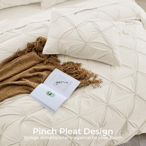 Image of Sasttie Oversized Queen Comforter Set, 7-Piece Bed in a Bag, Pintuck Bedding Sets for All Season, Includes Comforter, Flat Sheet, Fitted Sheet, Pillowcases and Pillowshams, Beige