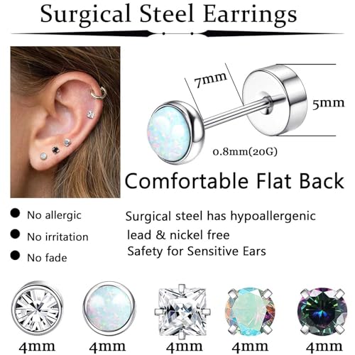 Jstyle Surgical Steel Earrings for Women Men Hypoallergenic Stud Earrings for Sensitive Ears Flat Back Earrings Stud 20G Stainless Steel Cartilage Earring Opal CZ Small Flatback Stud Earrings Women4