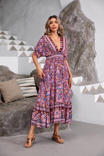 Image of R.Vivimos Women's Boho Floral Print Midi Dress with Pockets