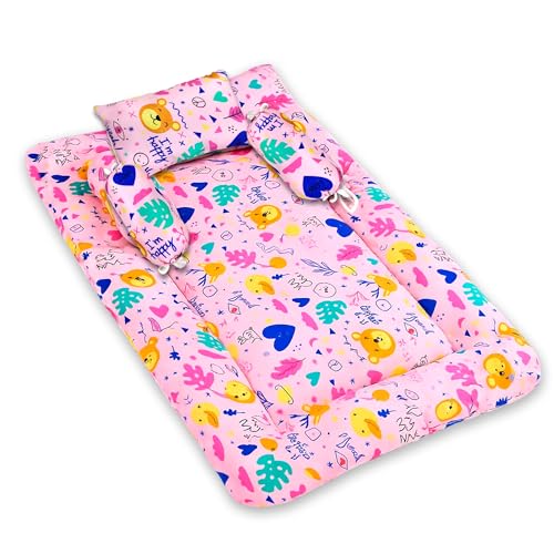 Image of GLUN 4 Piece Newborn Baby Cotton Bedding Set, Pink Colour for Girl (1 Bed, 2 Round Pillow, 1 Head Shaping Pillow), High Quality Fibre Cotton, Maternity, Newborn Essentials Accessories