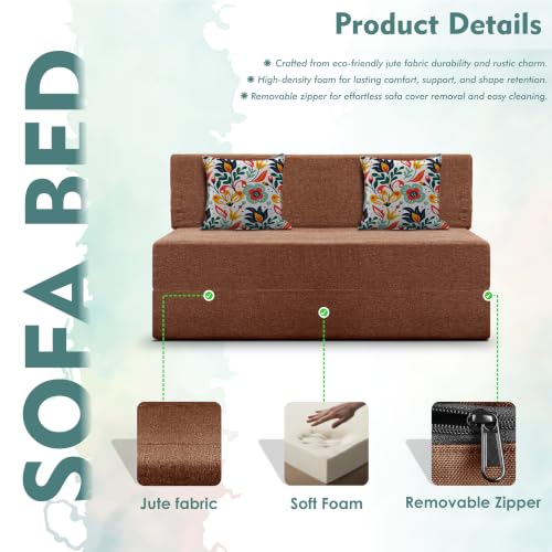 Image of Los Angeles Foldable Two Seater Sofa Cum Bed, Sofa Bed 4 X 6 Feet Jute Fabric Washable Cover- Including Cushion Perfect for Living Room - Brown