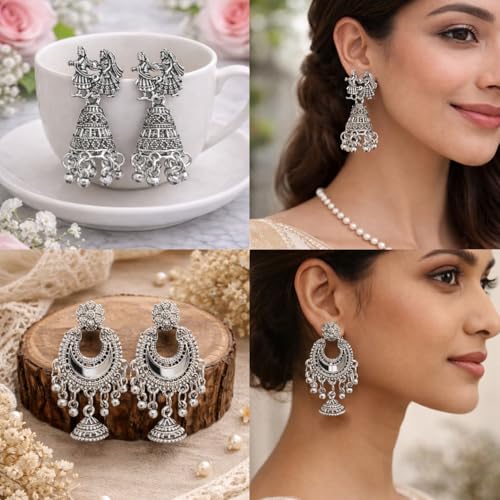 Image of Oxidised Silver Look Jhumka Earrings Box for Women | 16 Pairs Traditional Ethnic Jhumki Combo Gift Hamper with Velvet Box | Festive Wedding Jewellery | Gift For Women