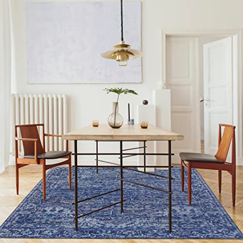 Realife Machine Washable Rug - Stain Resistant, Non-Shed - Eco-Friendly, Non-Slip, Family & Pet Friendly - Made From Premium Recycled Fibers - Vintage Distressed Traditional - Blue, 4' X 6' #TOP4