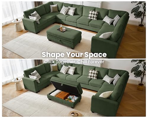 Image of CHIC HOUSE Modular Sectional Couch| Corduroy L Shaped Sleeper Sofa, U-Shape Sofa Bed Convertible Chaise with Storage Ottoman for Living Room Modern Furniture (Green, 12 Seater U-Shaped)