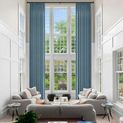 Fcosie Extra Long Thermal Blackout Window Curtains Pinch Pleated Drapery 100% Absolutely Blackout Chenille Drapes High Curtains for Loft, Great Room, Tall Windows, 52" W x 288" L, Teal Blue, 2 PCS