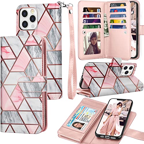 Tekcoo Wallet Case Compatible with iPhone 13 (6.1 inch) 2021 [Detachable Magnetic Hard Case] Luxury ID Cash Credit Card Slots Holder Carrying Pouch Folio Flip PU Leather Cover with Strap [Marble]