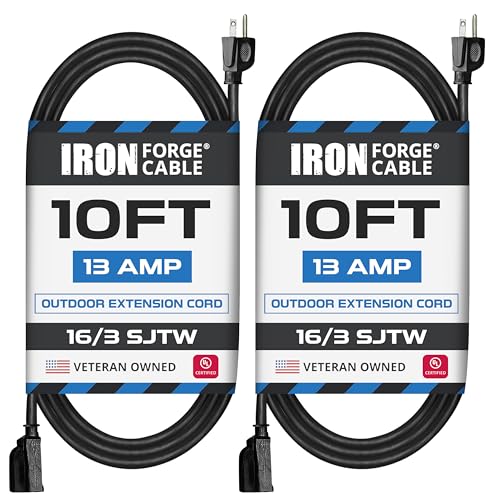 Iron Forge Cable 2 Pack 10 Ft Black Extension Cord, 16/3, 10 Foot Extension Cord, 3 Prong, Weatherproof - Great for Outside Use