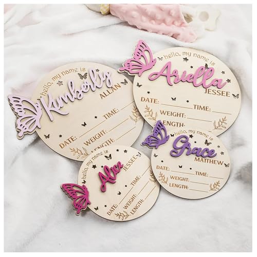 Personalised 3D Butterfly Wooden Birth Announcement Sign Photo Prop with Stats, Custom Baby Name Hospital Photo Prop, Many Sizes/Color/Font Options (Printed in USA - Ships Next Day)