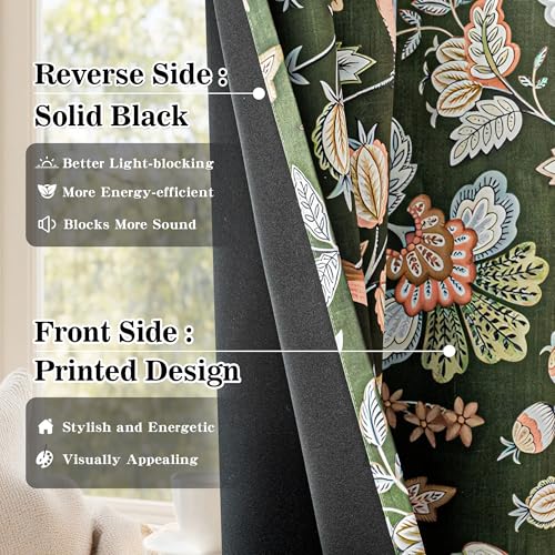 Image of MYSKY HOME Floral Blackout Curtains & Drapes 95 inch Curtains 2 Panel Set for Living Room Bedroom Vintage Farmhouse Thermal Insulated Privacy Protect Curtain with Pattern Bird Printed, 52 inch, Green