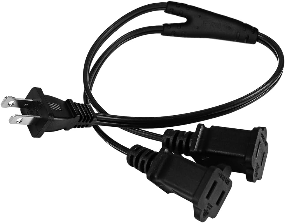 1-15P to Dual1-15R Two Prong Splitter,2-Prong String Light Splitter,18AWG,Double Ended Male Extension Cable,Two Male End 2 Prong Extension Cord,Outlet Splitter(1-15P to 2X1-15R, 2ft/0.6m)