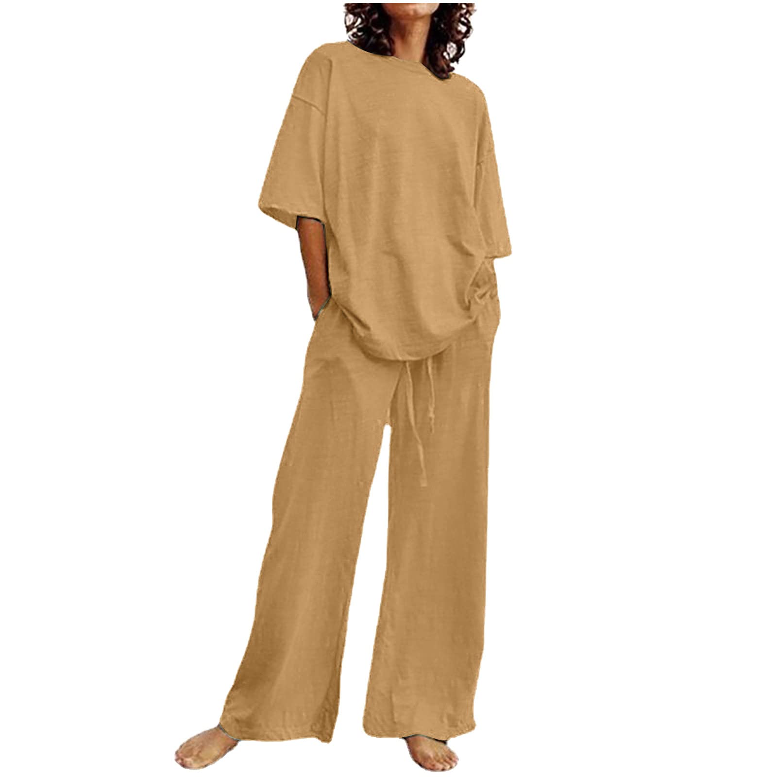 Women Summer Casual Sets 2 Piece Cotton Linen Outfits Loose Plus Size Short Sleeve Top Wide Leg Drawstring Pants