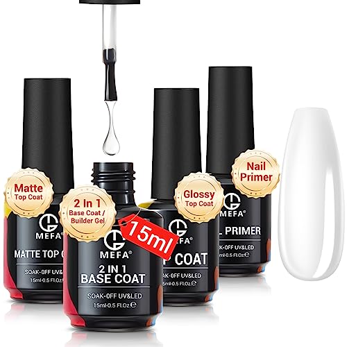 Mefa 4Pcs 15Ml Gel Top Coat And Base Coat Set, No Wipe Matte & Shiny Top Coat, 2 In 1 Base Coat Builder Gel, Bond Nail Primer - Long Lasting Shine Finish Soak Off Nail Lamp Nail Art Design Manicure Gifts #TOP8